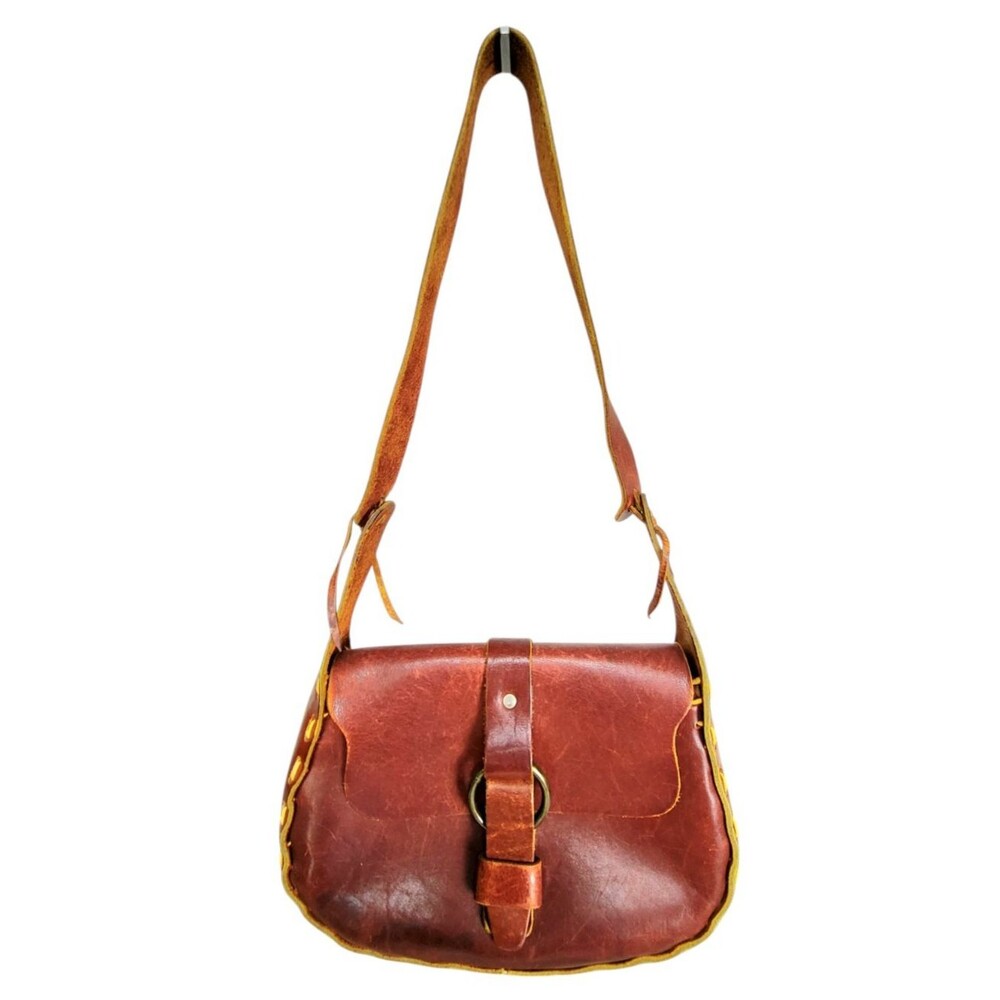 Vintage 70s Bohemian Raw Edge Leather Basting Stitch Shoulder Bag Handbag Purse